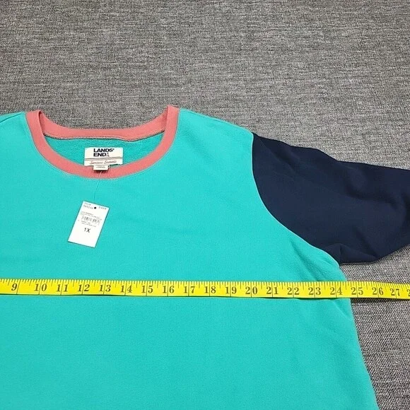 Lands End Heavy Cotton Sweatshirt 1X Plus Size Teal Colorblock Pullover Top - Picture 2 of 11